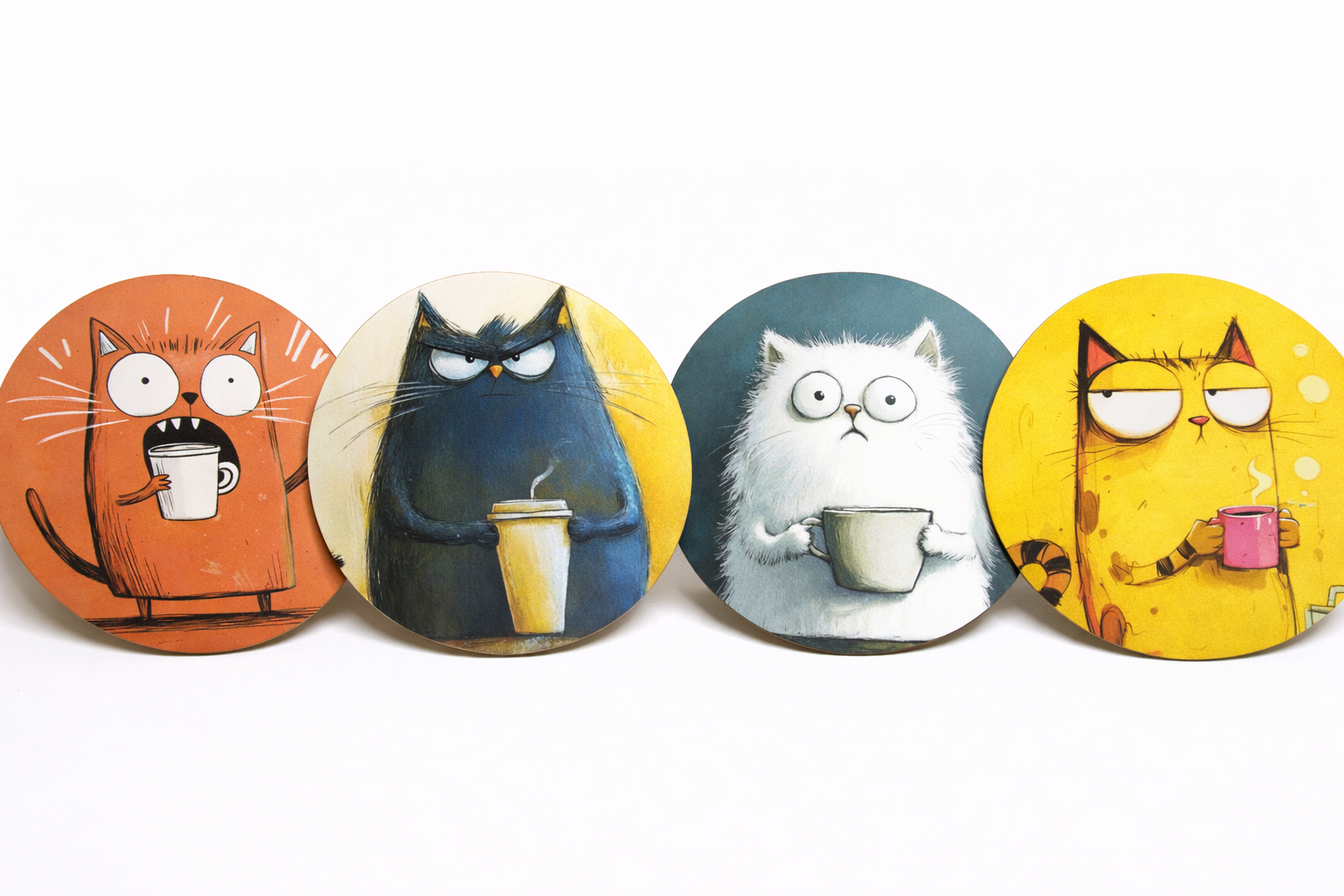 Novelty Coffee/Tea Coasters with Cartoon Coffee CAT Print Wooden 4 Pieces Set