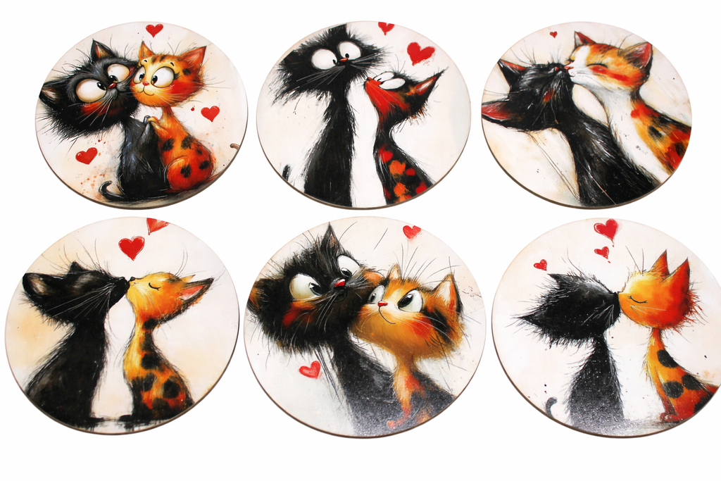 Novelty Coffee/Tea Coasters with Cartoon CAT COUPLE Print Wooden 6 Pieces Set