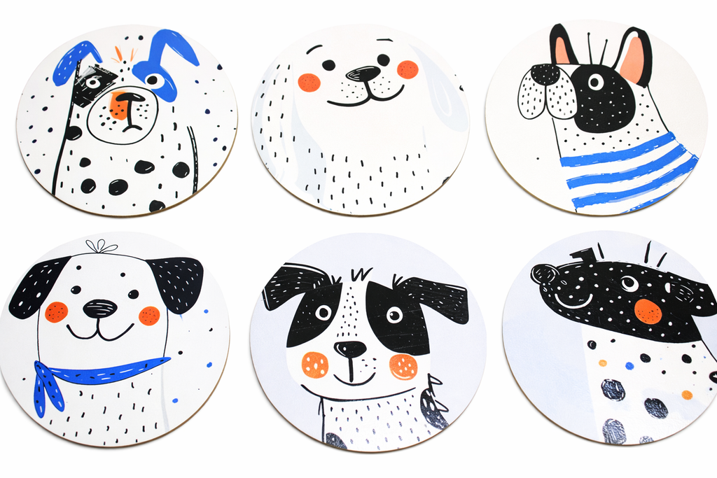 Novelty Coffee/Tea Coasters with Cartoon HAPPY Dog Print Wooden 6 Pieces Set