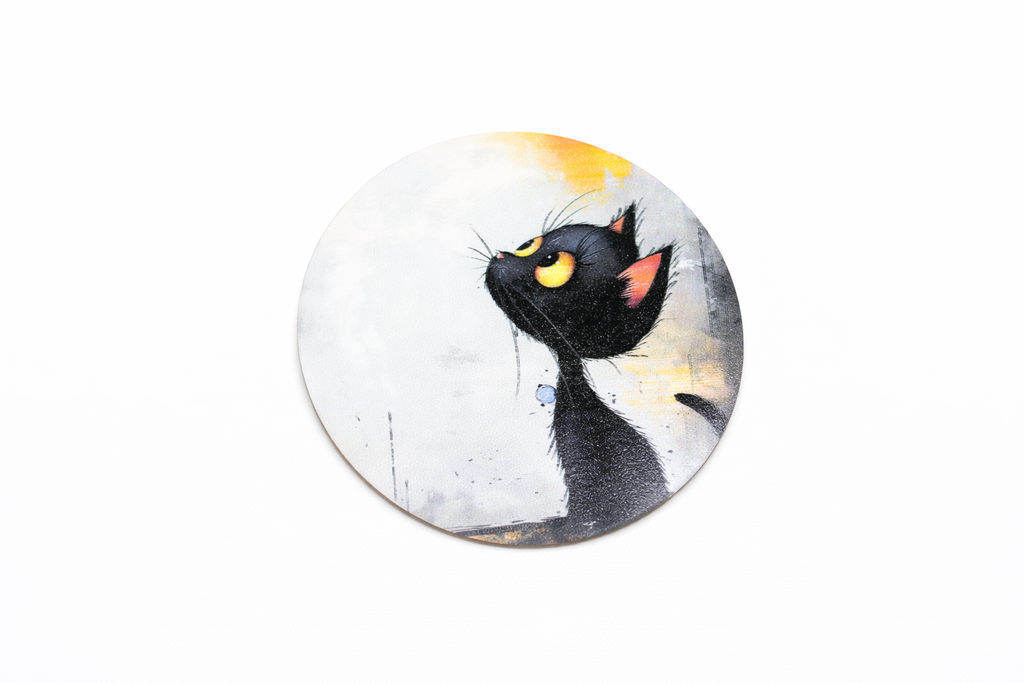 Novelty Coffee/Tea Coasters with Cartoon BLACK CAT Print Wooden 6 Pieces Set