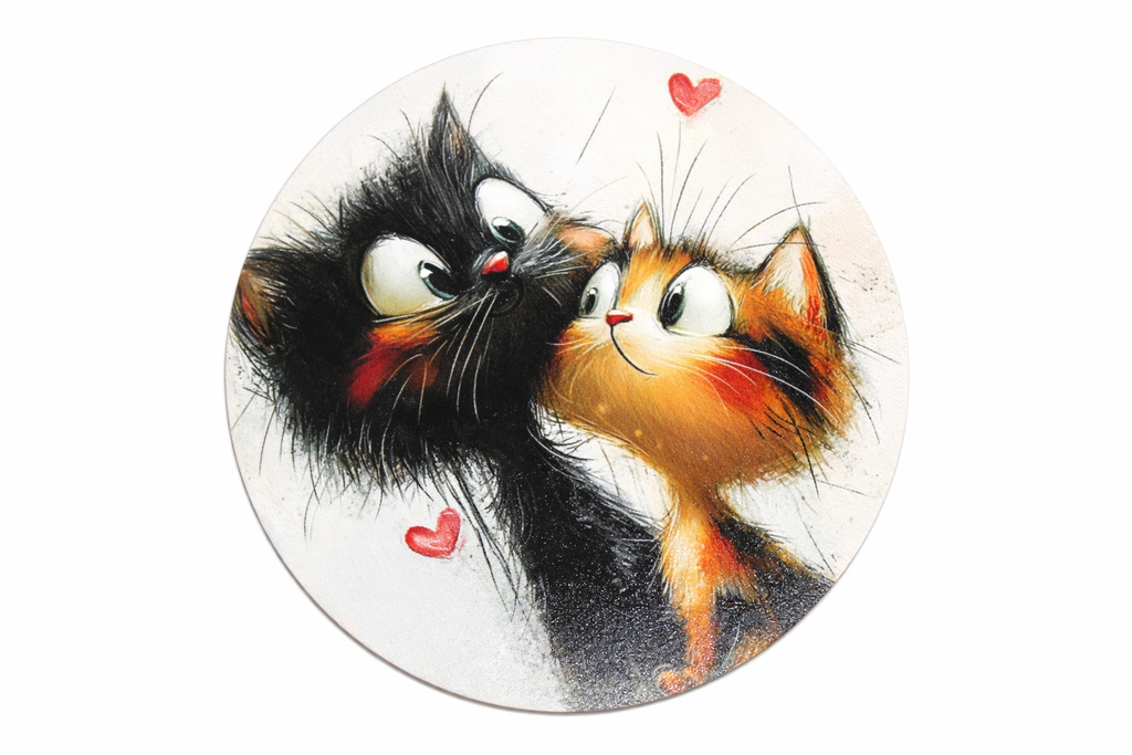 Novelty Coffee/Tea Coasters with Cartoon CAT COUPLE Print Wooden 6 Pieces Set