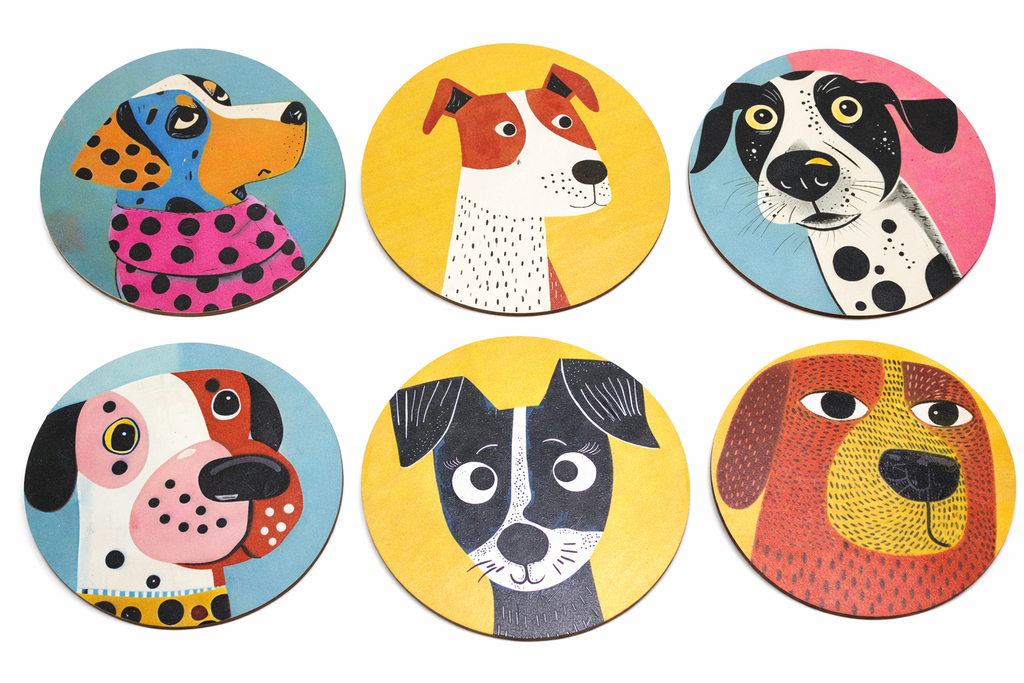 Novelty Coffee/Tea Coasters with Cartoon Spanish DOGS Print Wooden 6 Pieces Set