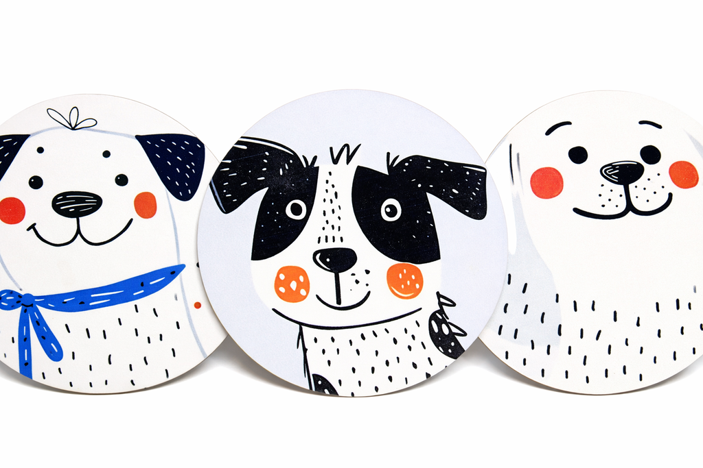 Novelty Coffee/Tea Coasters with Cartoon HAPPY Dog Print Wooden 6 Pieces Set