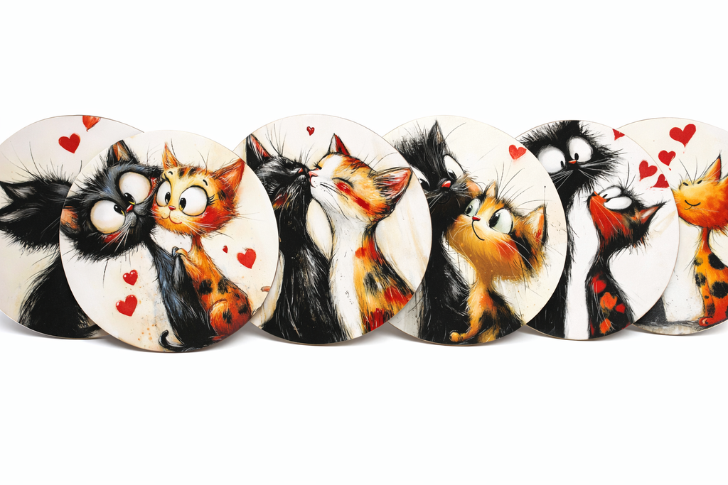 Novelty Coffee/Tea Coasters with Cartoon CAT COUPLE Print Wooden 6 Pieces Set
