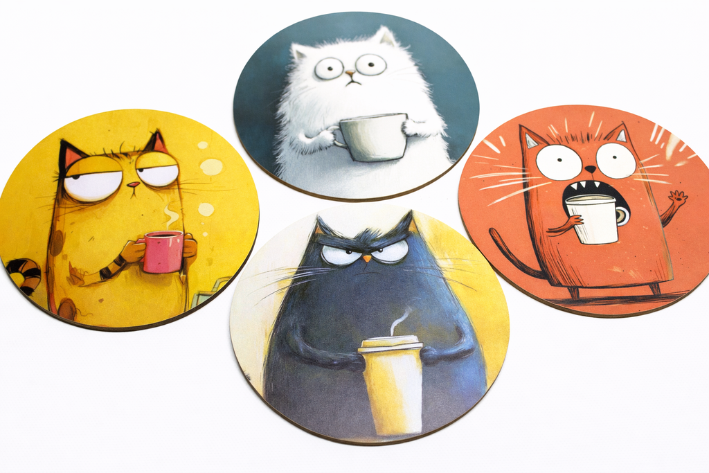 Novelty Coffee/Tea Coasters with Cartoon Coffee CAT Print Wooden 4 Pieces Set