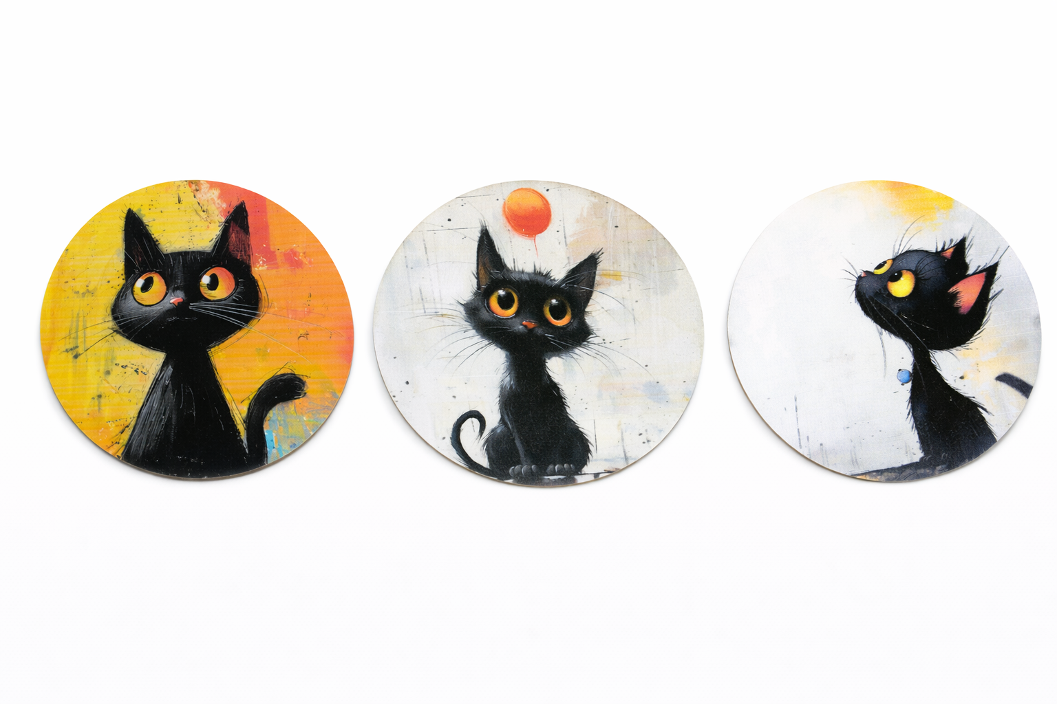 Novelty Coffee/Tea Coasters with Cartoon BLACK CAT Print Wooden 6 Pieces Set