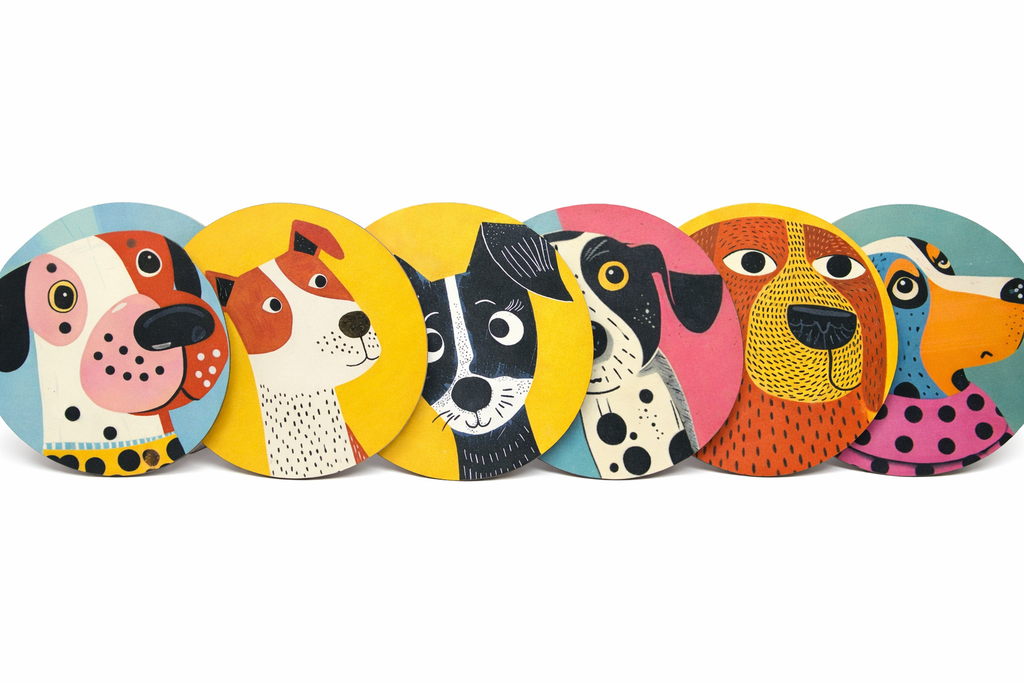 Novelty Coffee/Tea Coasters with Cartoon Spanish DOGS Print Wooden 6 Pieces Set