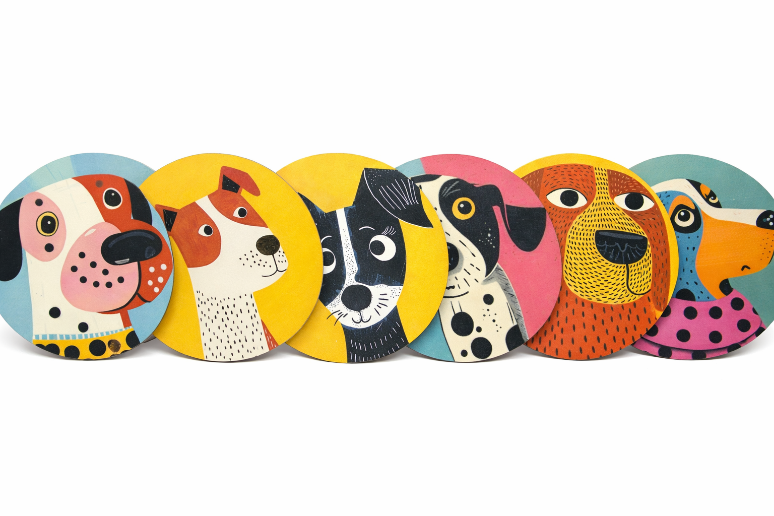 Novelty Coffee/Tea Coasters with Cartoon Spanish DOGS Print Wooden 6 Pieces Set