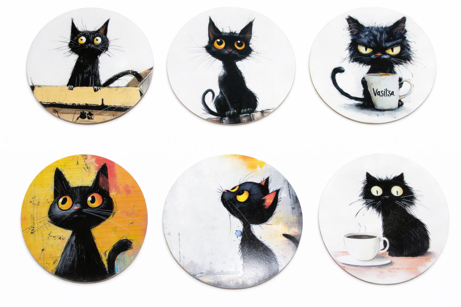 Novelty Coffee/Tea Coasters with Cartoon BLACK CAT Print Wooden 6 Pieces Set