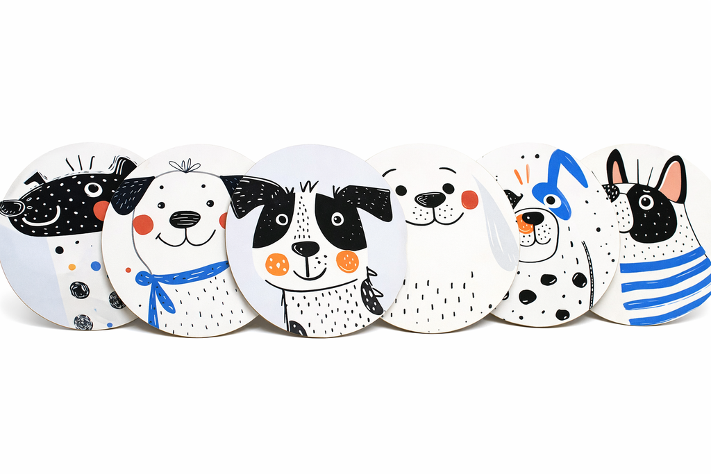 Novelty Coffee/Tea Coasters with Cartoon HAPPY Dog Print Wooden 6 Pieces Set