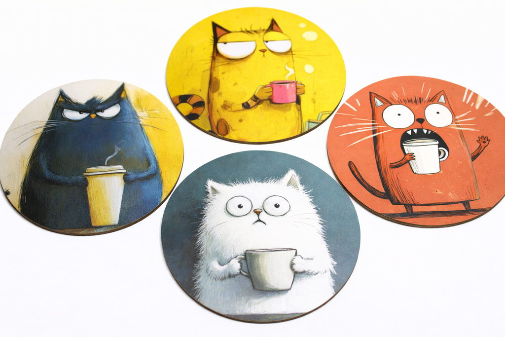 Novelty Coffee/Tea Coasters with Cartoon Coffee CAT Print Wooden 4 Pieces Set