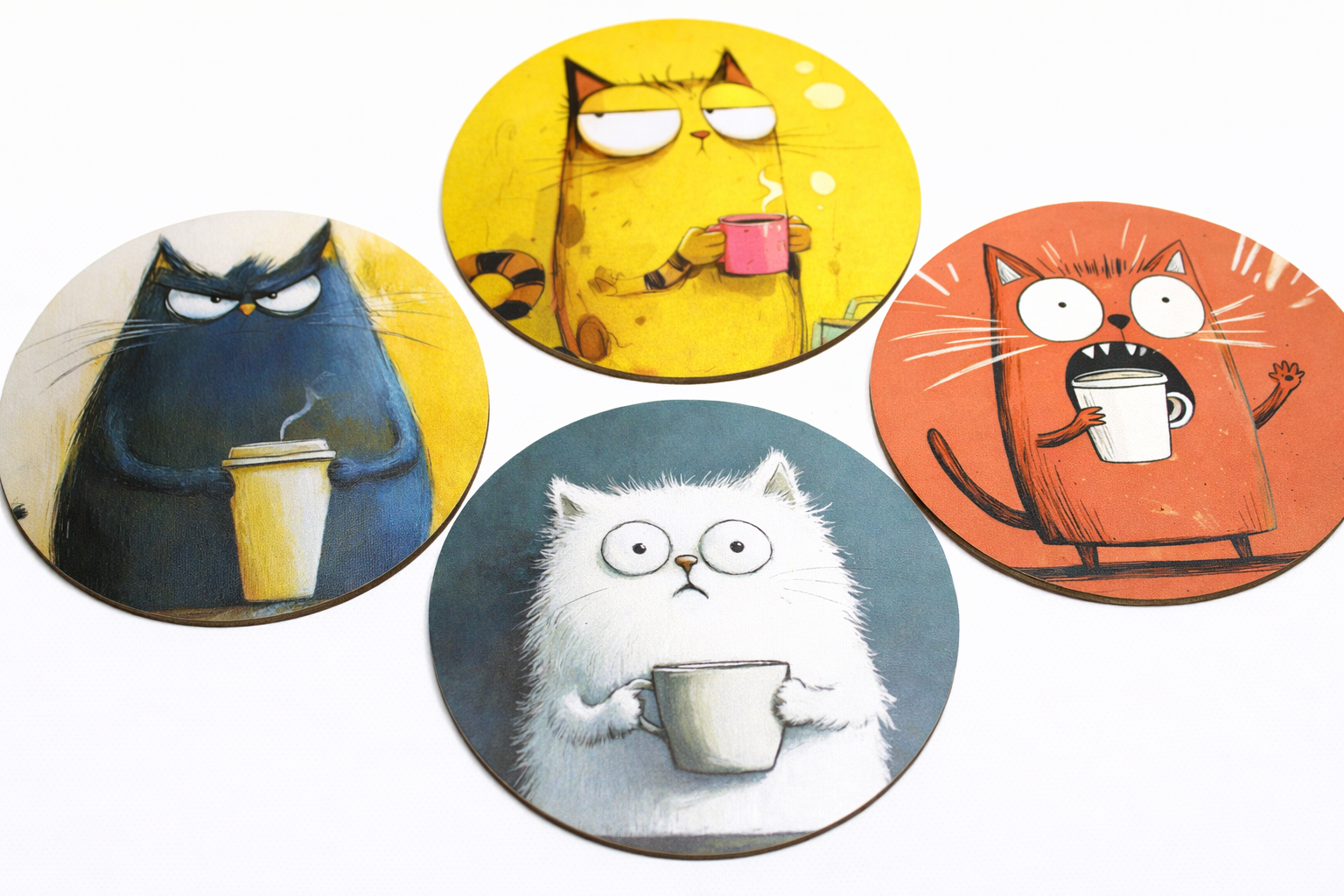 Novelty Coffee/Tea Coasters with Cartoon Coffee CAT Print Wooden 4 Pieces Set