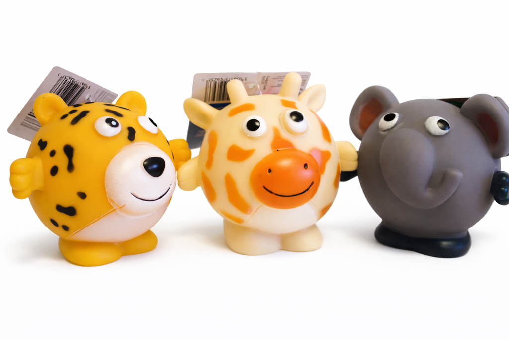 Squeaky Dog Chew Fetch Toy Safari Style: Elephant, Tiger Giraffe Puppy Toy