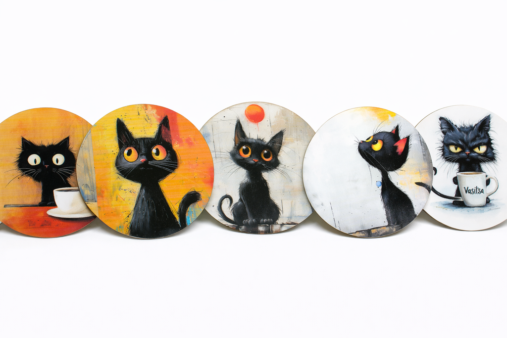 Novelty Coffee/Tea Coasters with Cartoon BLACK CAT Print Wooden 6 Pieces Set