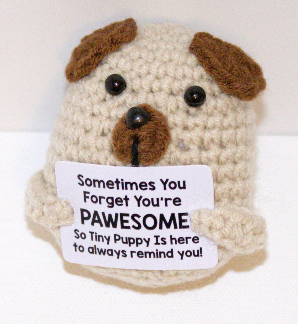 Positive Puppy Good Vibes Mini Doll Hand-Knitted Motivational Card Funny Gift