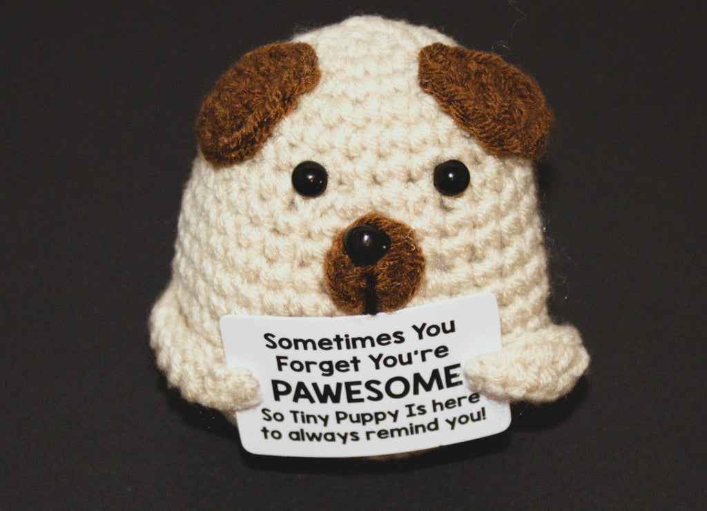 Positive Puppy Good Vibes Mini Doll Hand-Knitted Motivational Card Funny Gift