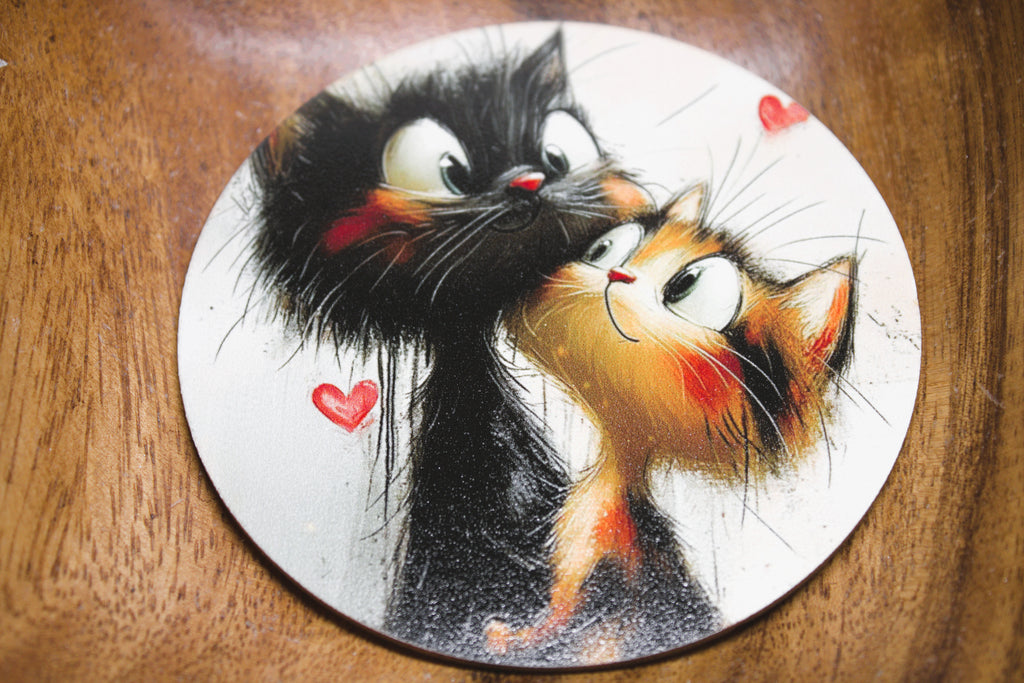 Novelty Coffee/Tea Coasters with Cartoon CAT COUPLE Print Wooden 6 Pieces Set