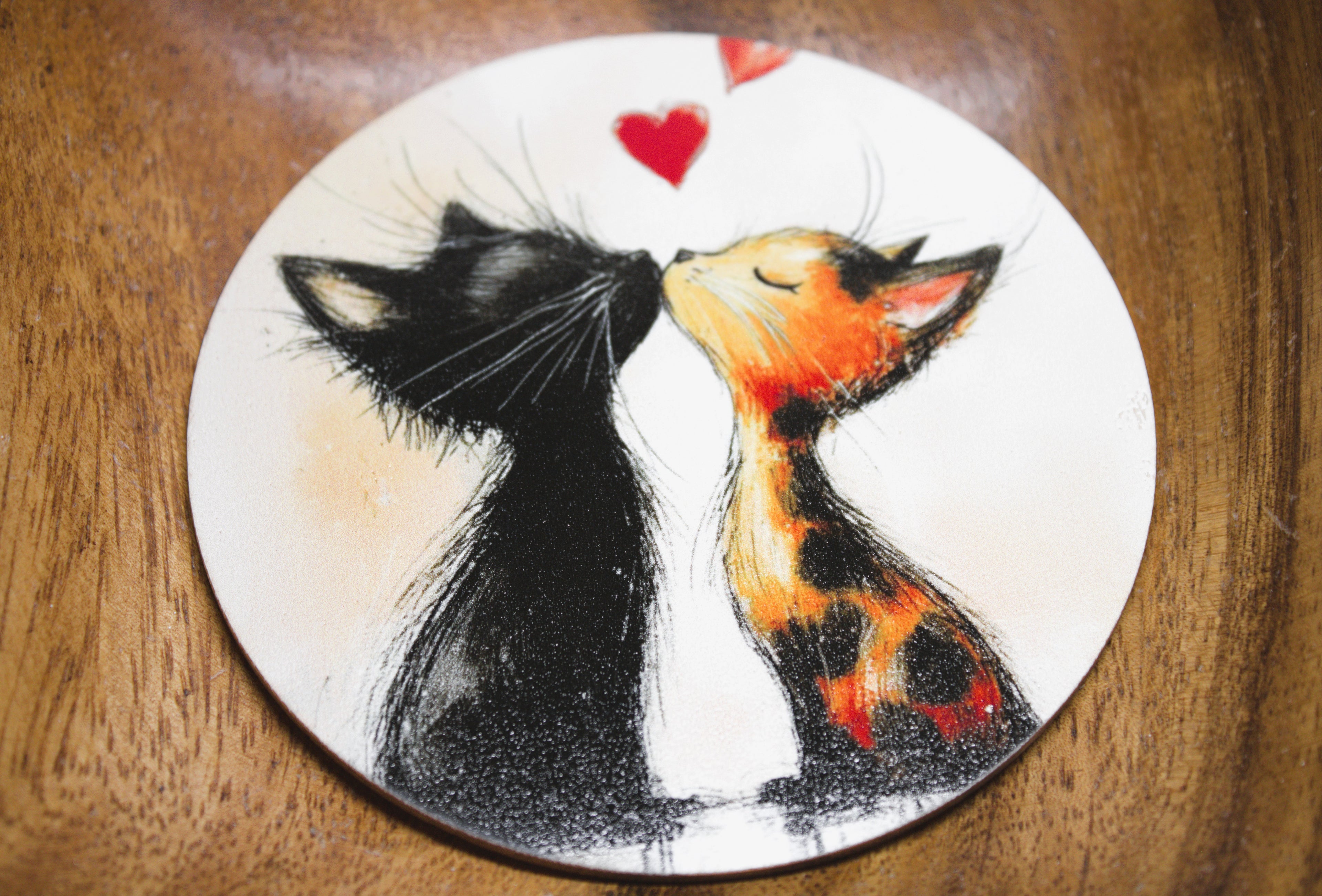 Novelty Coffee/Tea Coasters with Cartoon CAT COUPLE Print Wooden 6 Pieces Set