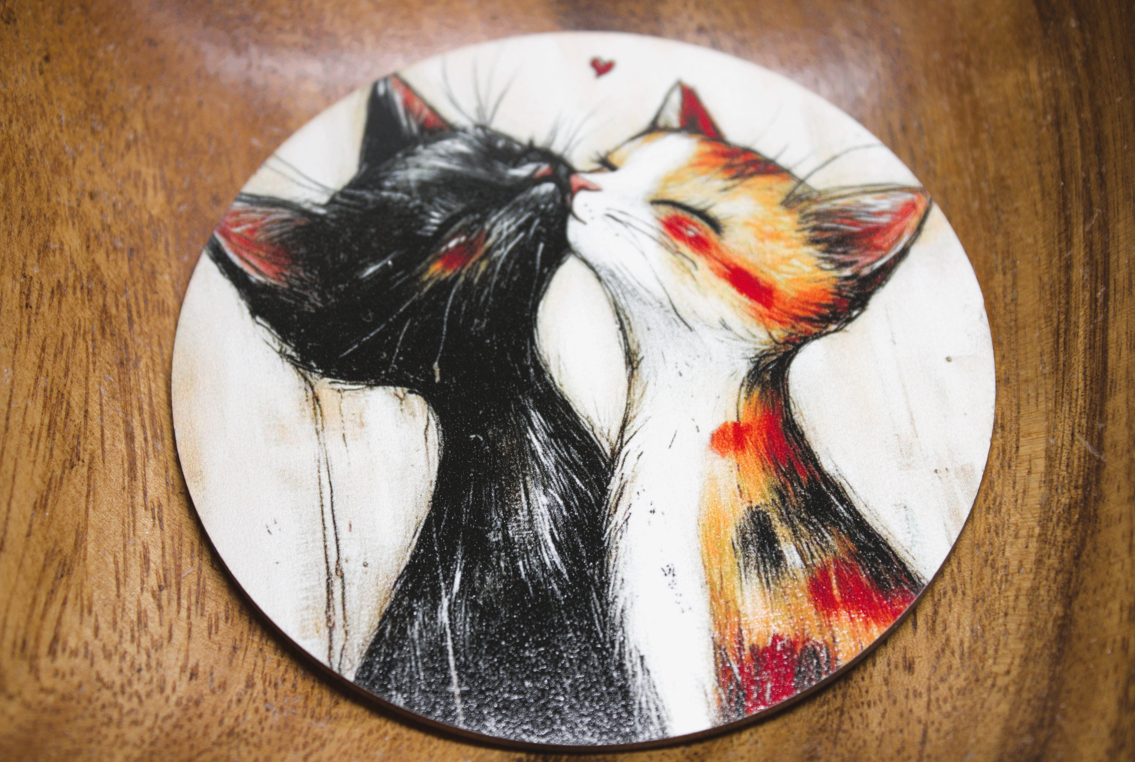 Novelty Coffee/Tea Coasters with Cartoon CAT COUPLE Print Wooden 6 Pieces Set