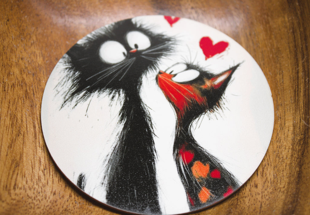 Novelty Coffee/Tea Coasters with Cartoon CAT COUPLE Print Wooden 6 Pieces Set