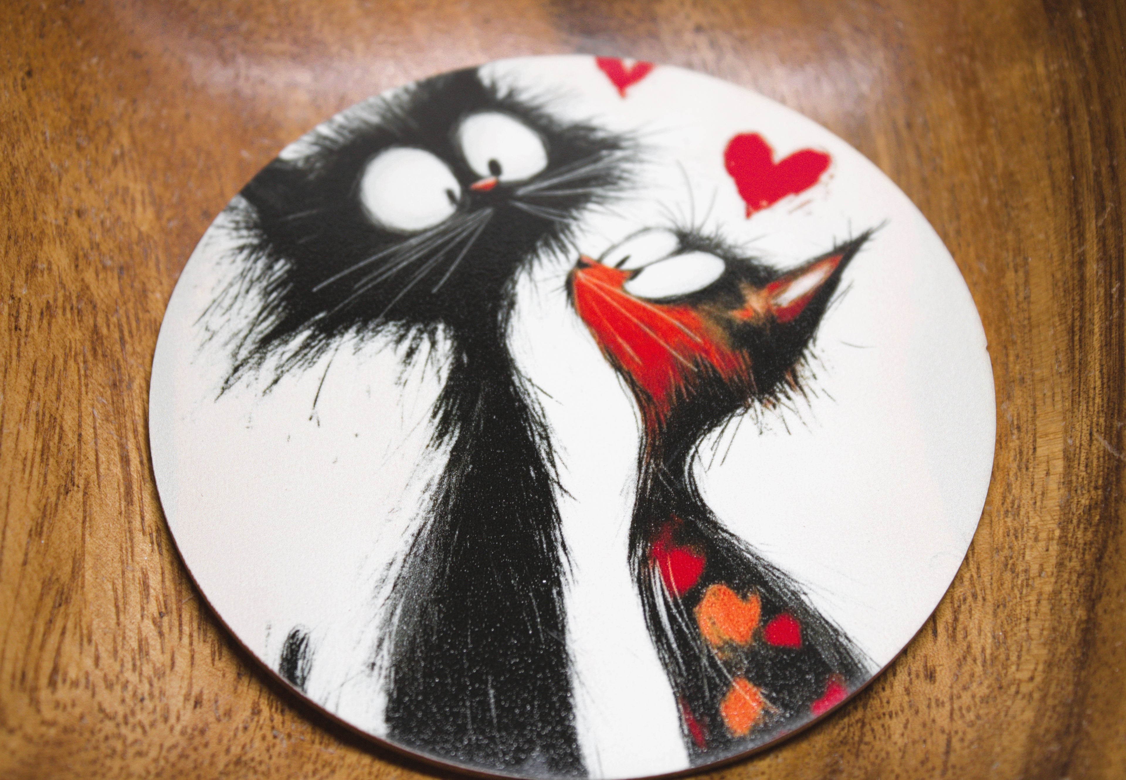Novelty Coffee/Tea Coasters with Cartoon CAT COUPLE Print Wooden 6 Pieces Set