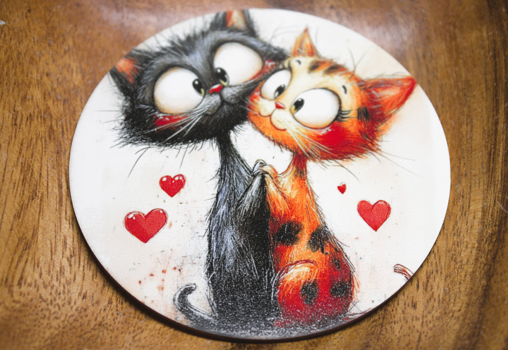 Novelty Coffee/Tea Coasters with Cartoon CAT COUPLE Print Wooden 6 Pieces Set