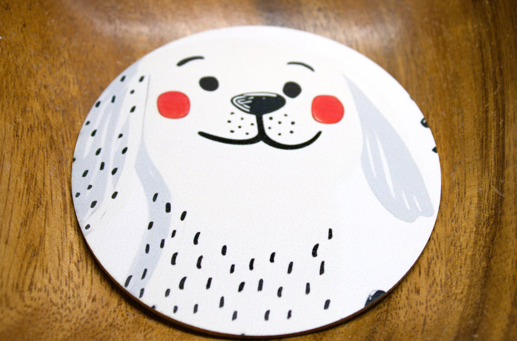 Novelty Coffee/Tea Coasters with Cartoon HAPPY Dog Print Wooden 6 Pieces Set