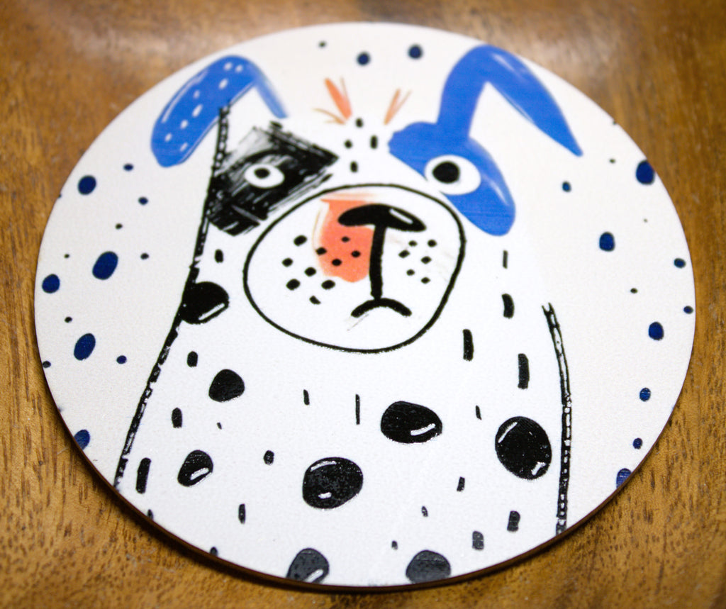 Novelty Coffee/Tea Coasters with Cartoon HAPPY Dog Print Wooden 6 Pieces Set