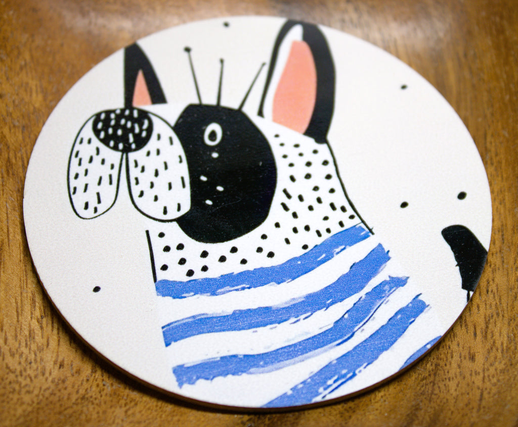 Novelty Coffee/Tea Coasters with Cartoon HAPPY Dog Print Wooden 6 Pieces Set