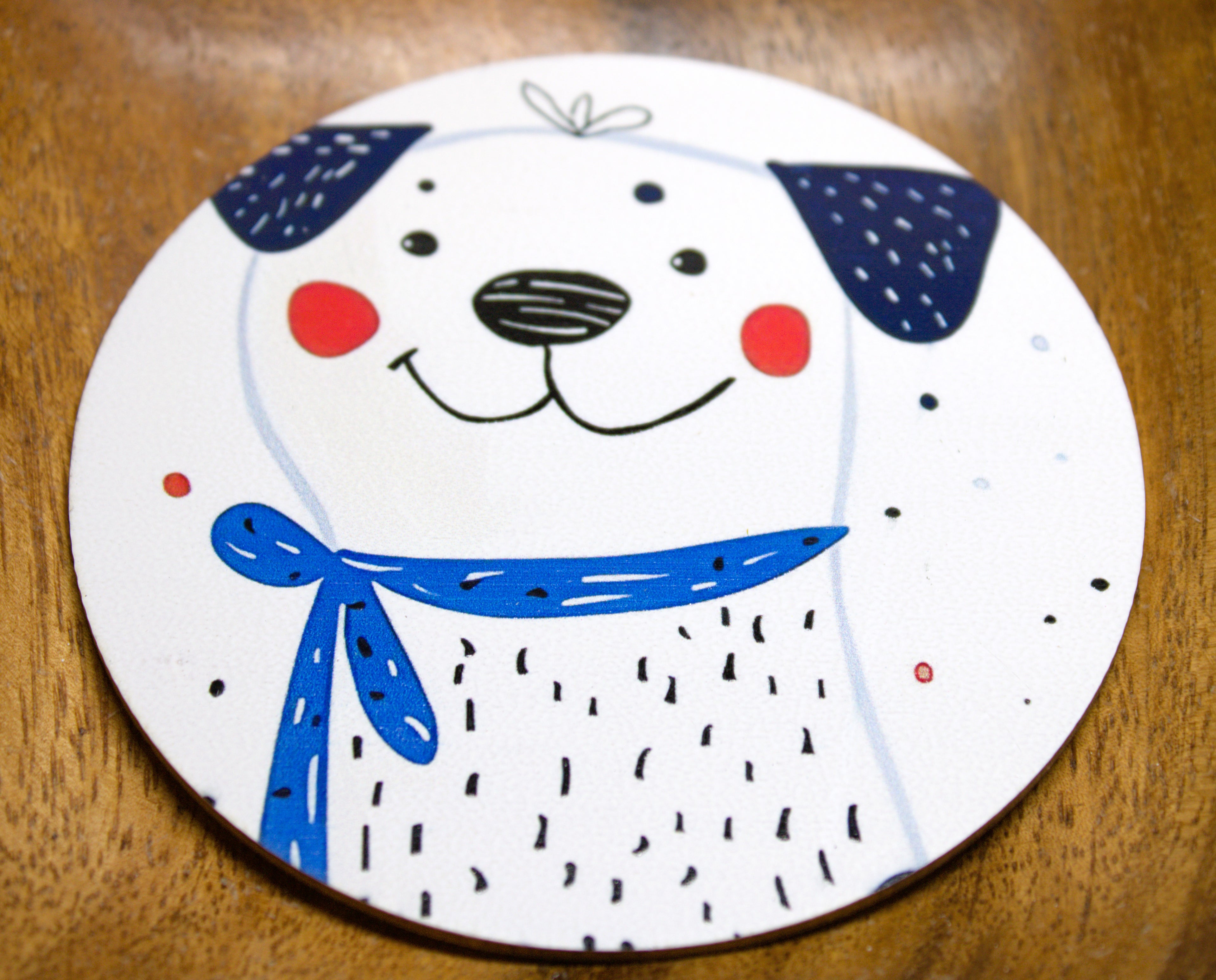 Novelty Coffee/Tea Coasters with Cartoon HAPPY Dog Print Wooden 6 Pieces Set