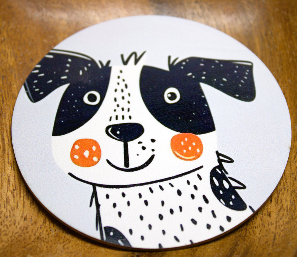 Novelty Coffee/Tea Coasters with Cartoon HAPPY Dog Print Wooden 6 Pieces Set