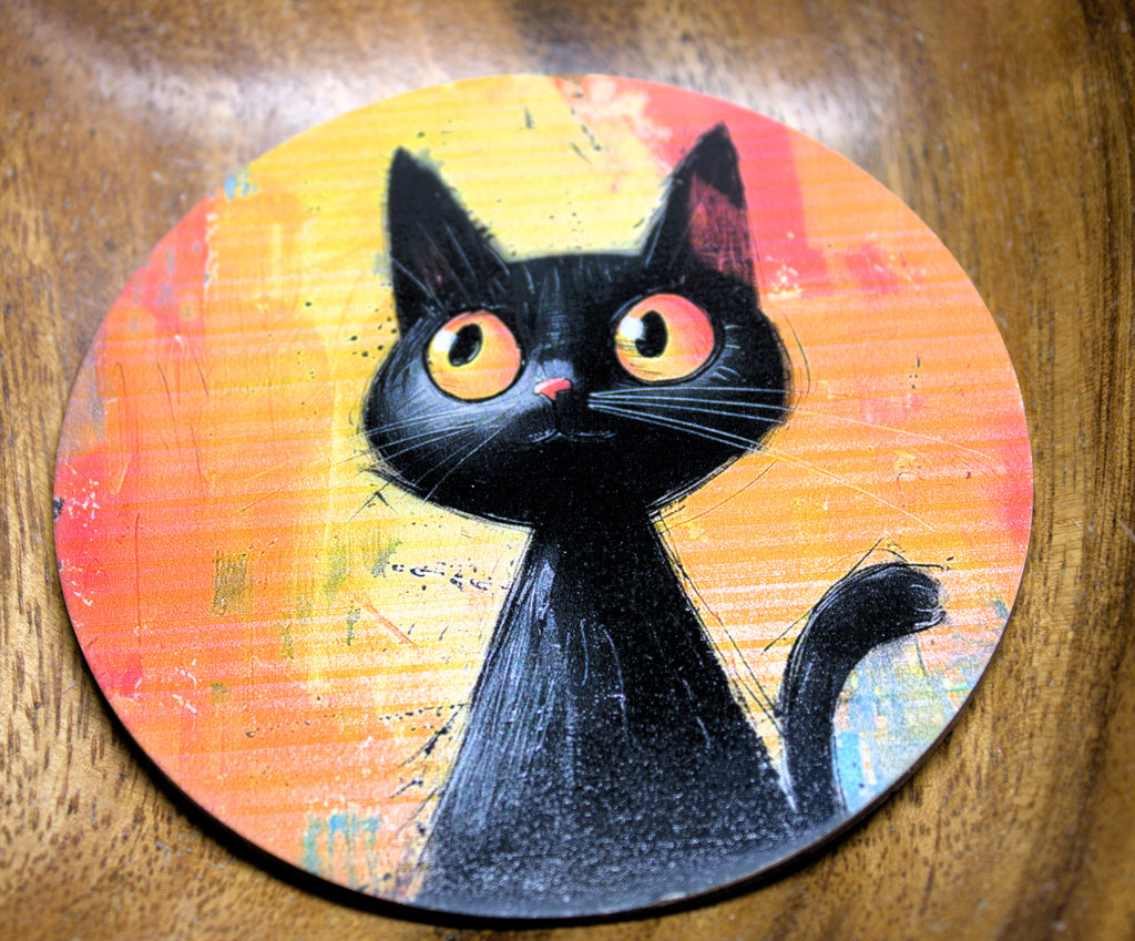 Novelty Coffee/Tea Coasters with Cartoon BLACK CAT Print Wooden 6 Pieces Set