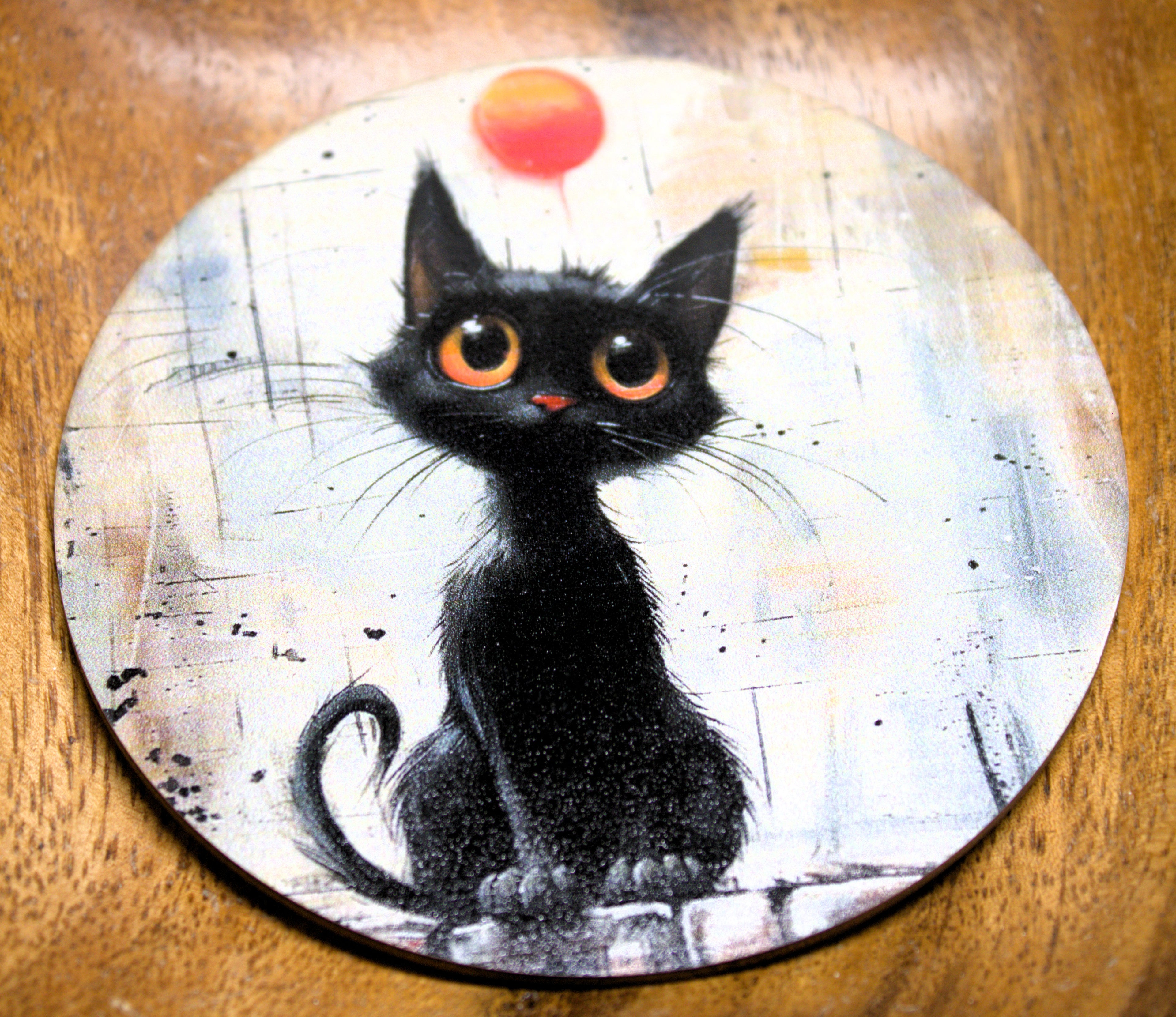 Novelty Coffee/Tea Coasters with Cartoon BLACK CAT Print Wooden 6 Pieces Set