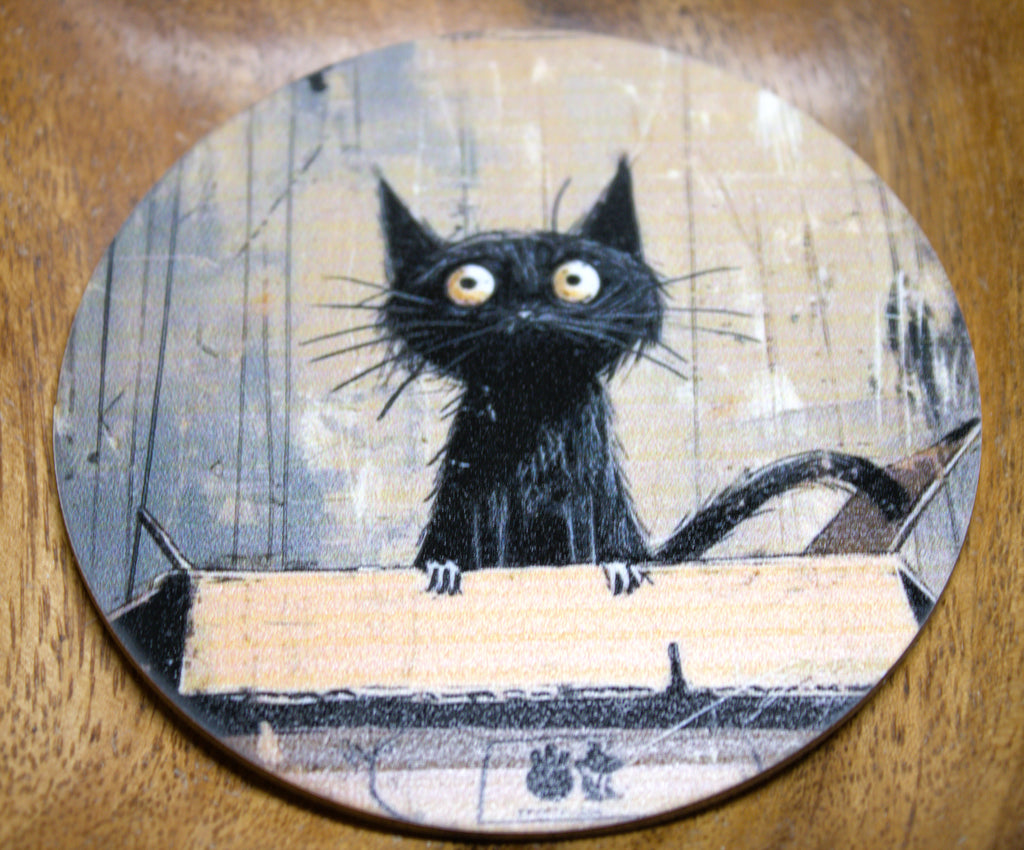 Novelty Coffee/Tea Coasters with Cartoon BLACK CAT Print Wooden 6 Pieces Set