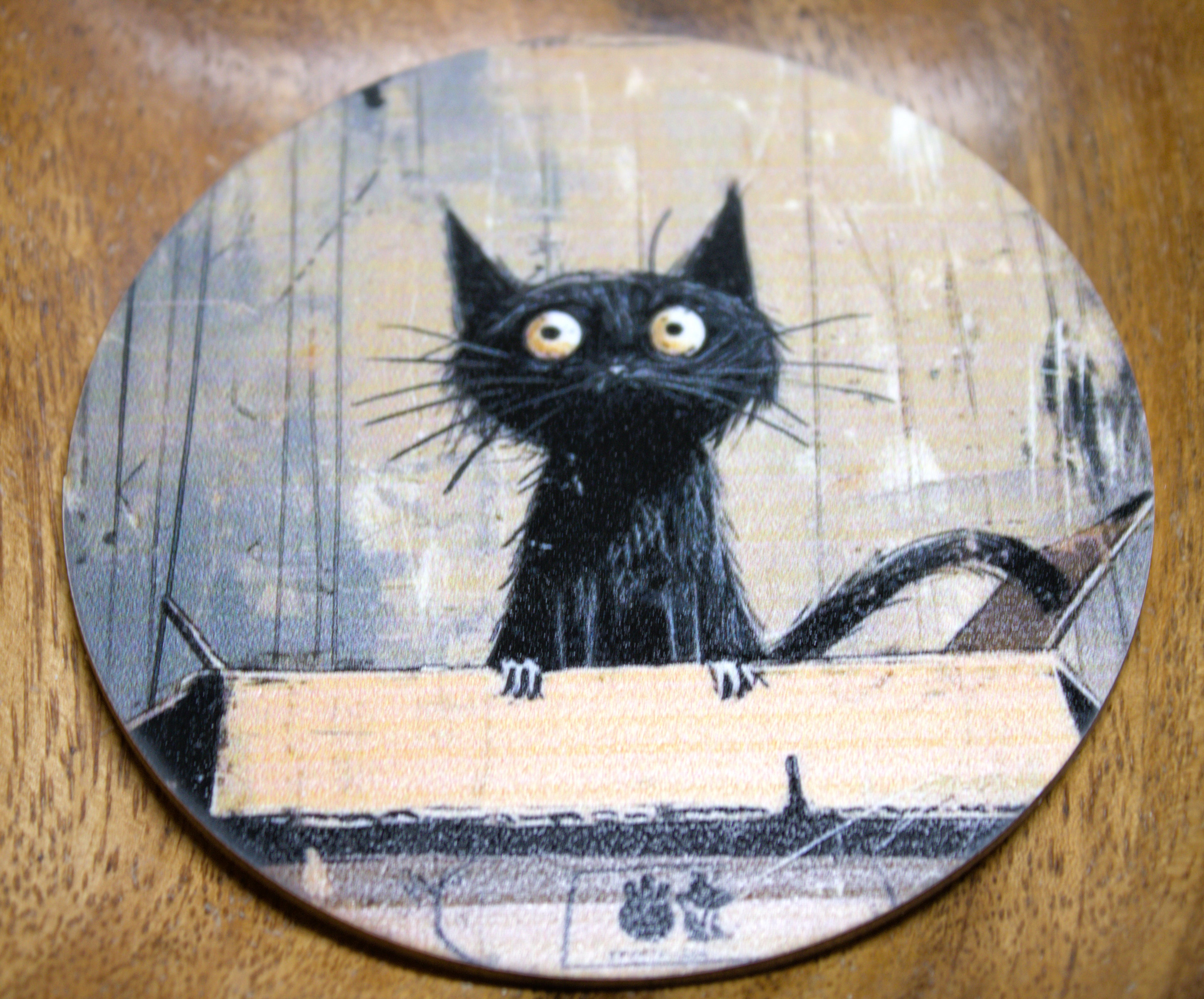 Novelty Coffee/Tea Coasters with Cartoon BLACK CAT Print Wooden 6 Pieces Set