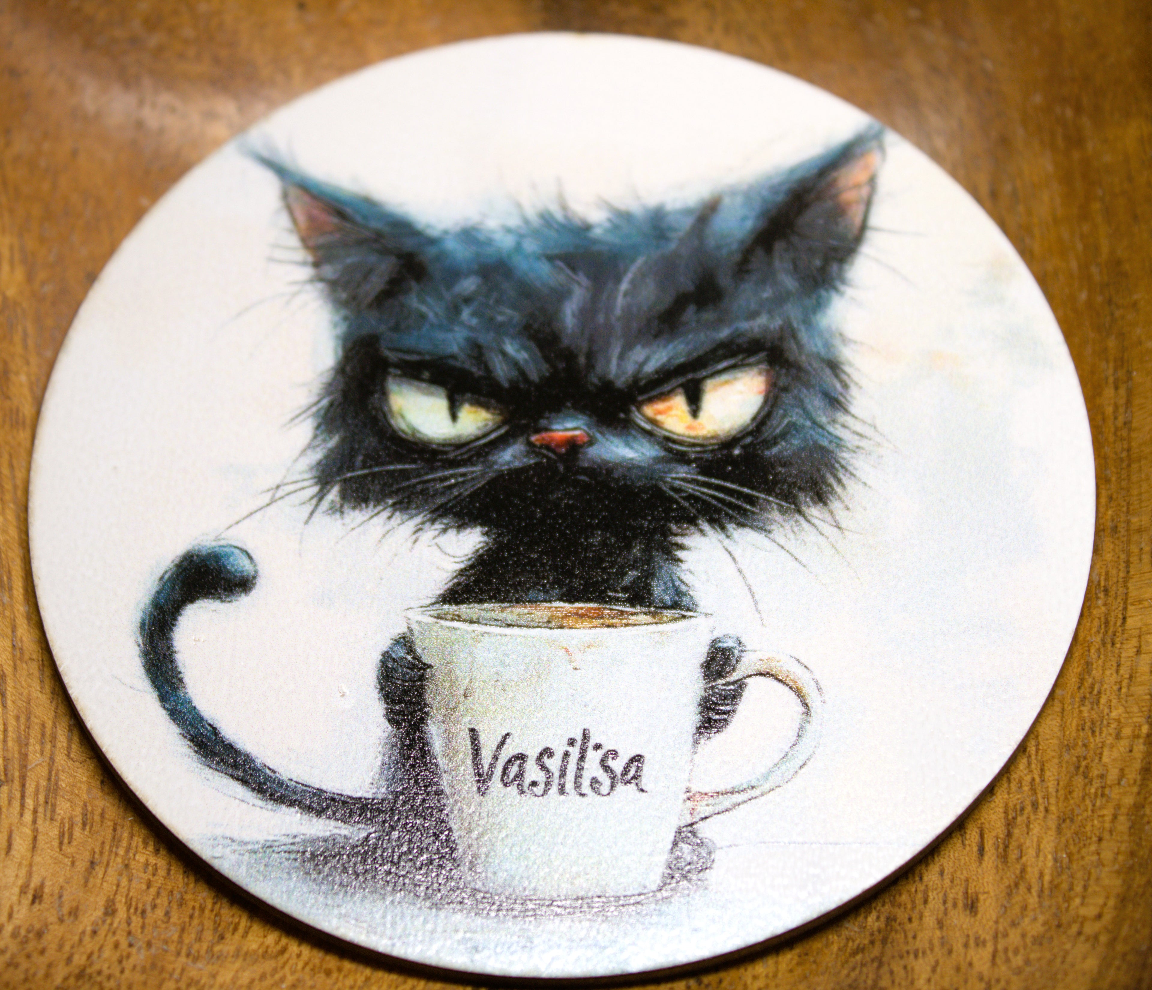 Novelty Coffee/Tea Coasters with Cartoon BLACK CAT Print Wooden 6 Pieces Set