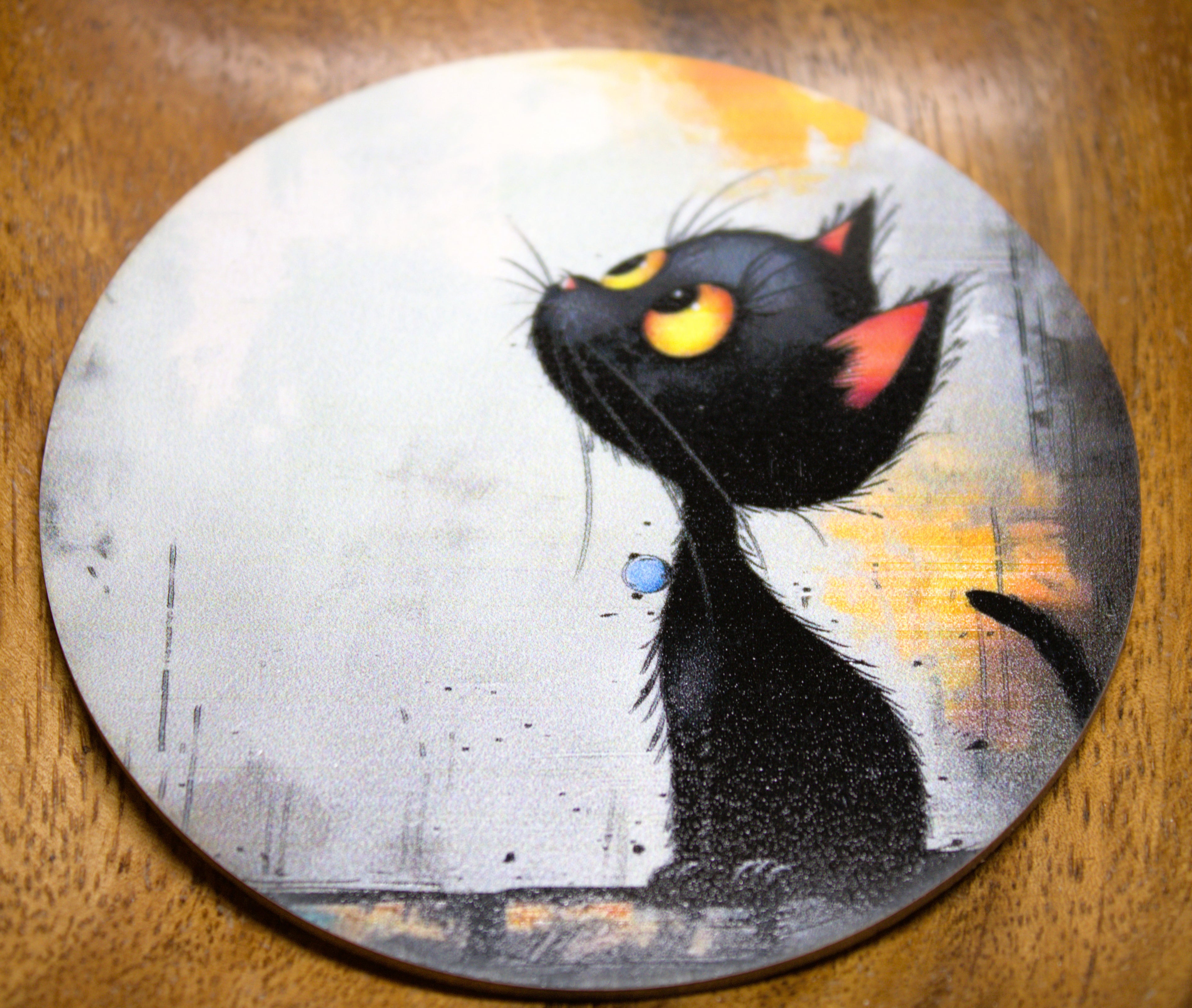 Novelty Coffee/Tea Coasters with Cartoon BLACK CAT Print Wooden 6 Pieces Set