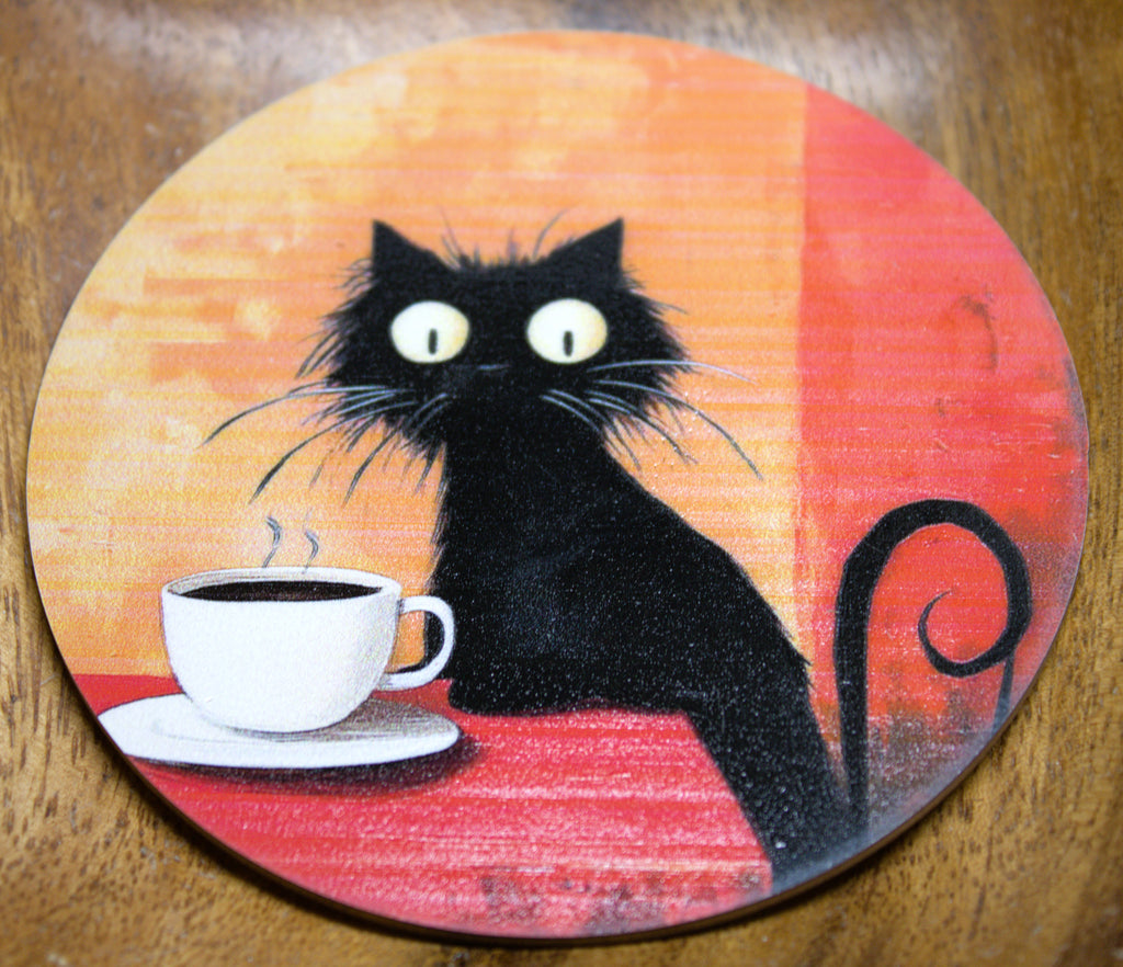 Novelty Coffee/Tea Coasters with Cartoon BLACK CAT Print Wooden 6 Pieces Set