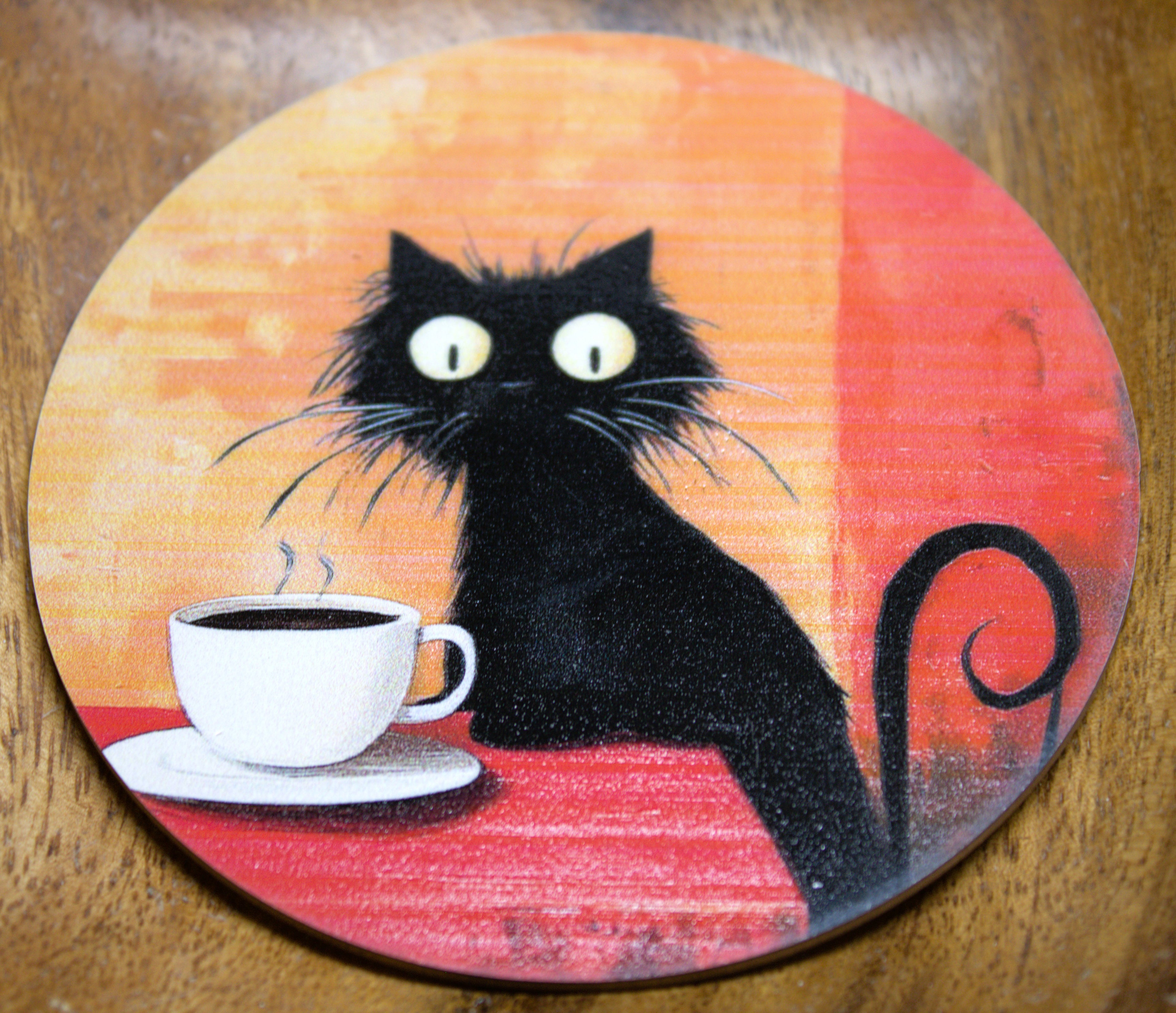 Novelty Coffee/Tea Coasters with Cartoon BLACK CAT Print Wooden 6 Pieces Set