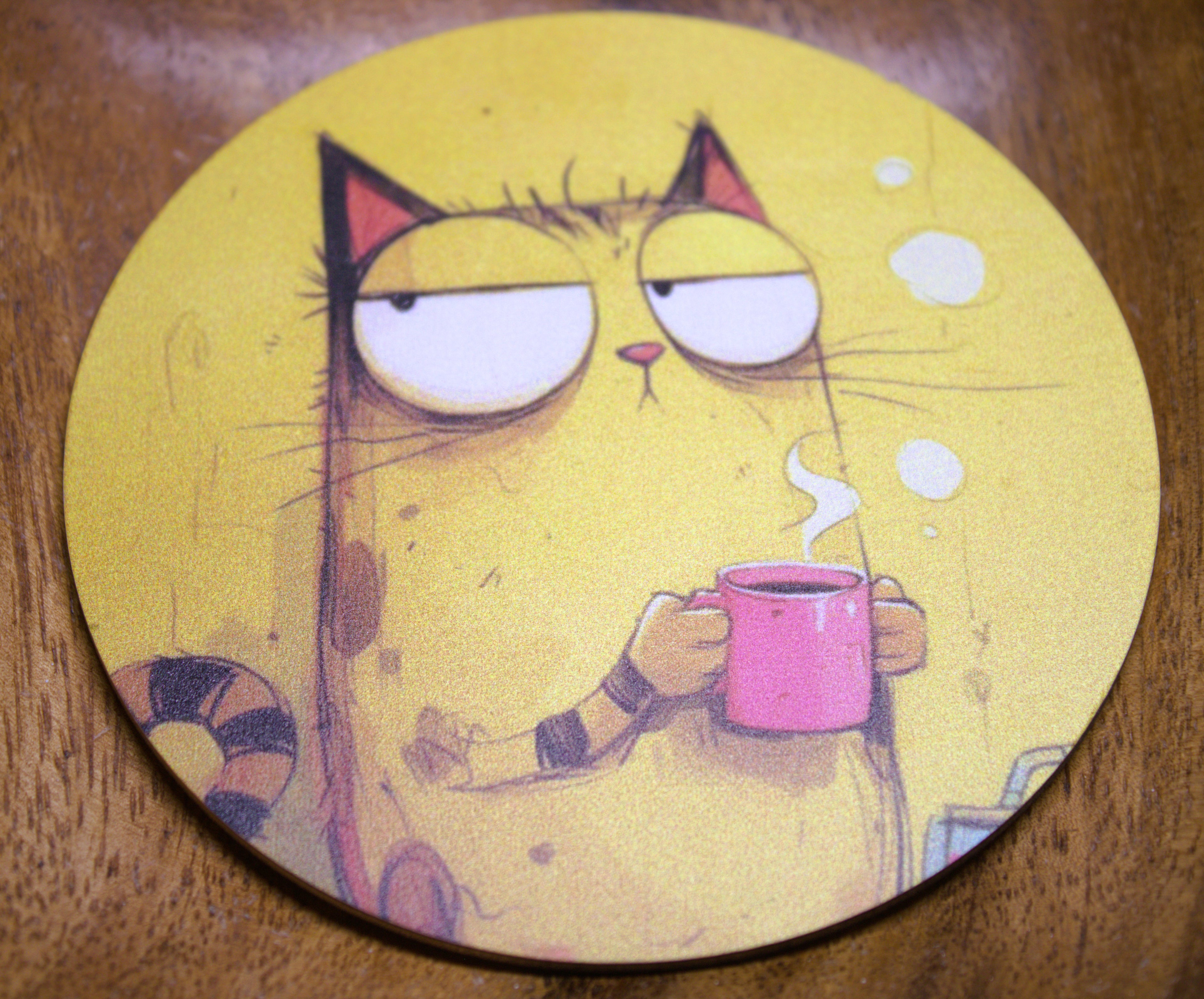Novelty Coffee/Tea Coasters with Cartoon Coffee CAT Print Wooden 4 Pieces Set