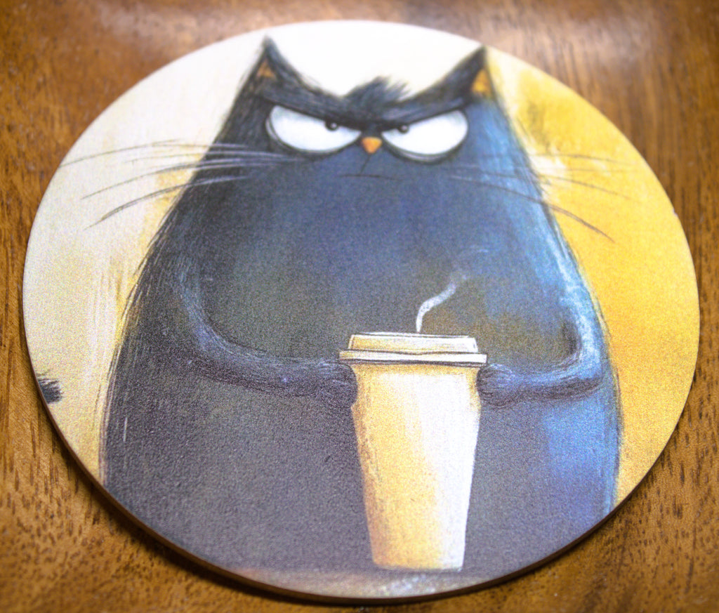 Novelty Coffee/Tea Coasters with Cartoon Coffee CAT Print Wooden 4 Pieces Set