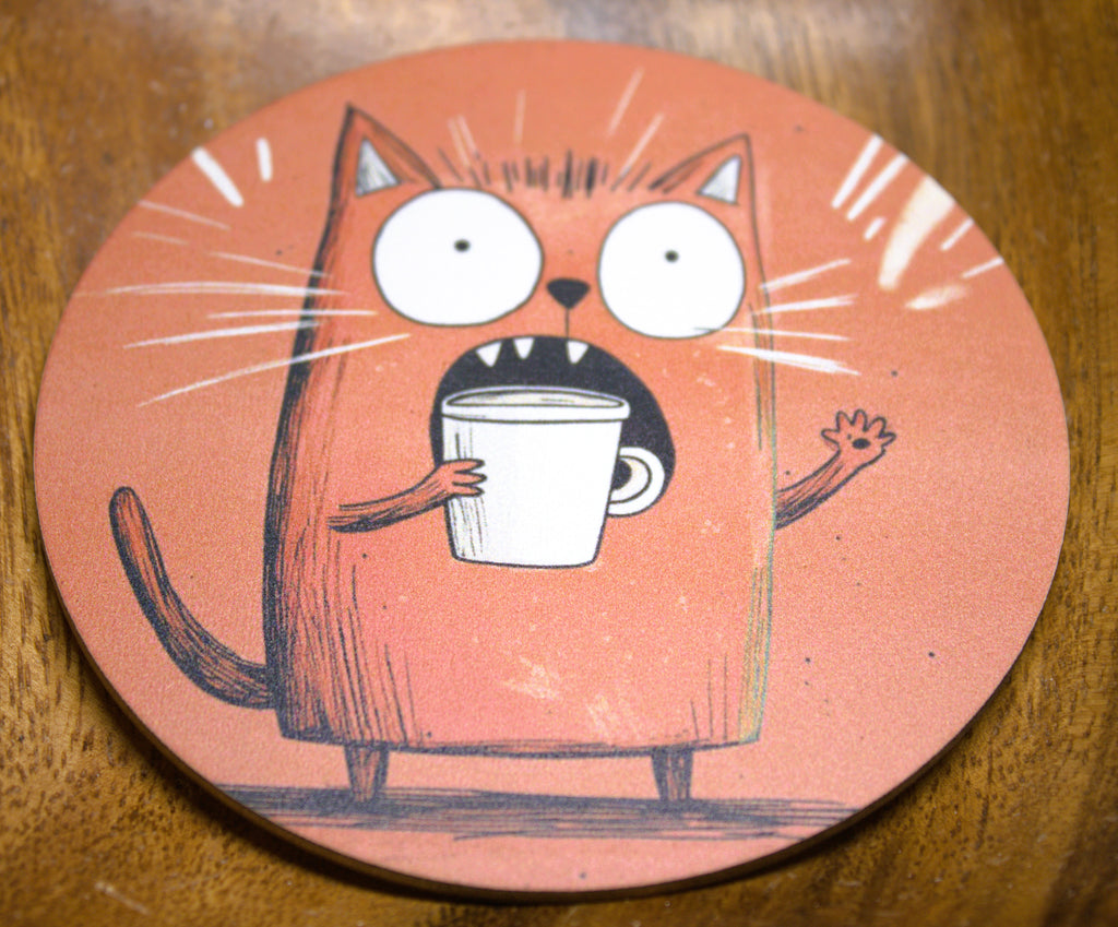 Novelty Coffee/Tea Coasters with Cartoon Coffee CAT Print Wooden 4 Pieces Set