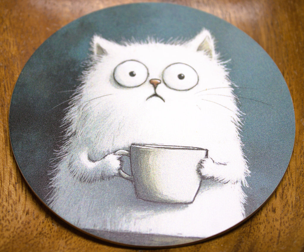 Novelty Coffee/Tea Coasters with Cartoon Coffee CAT Print Wooden 4 Pieces Set