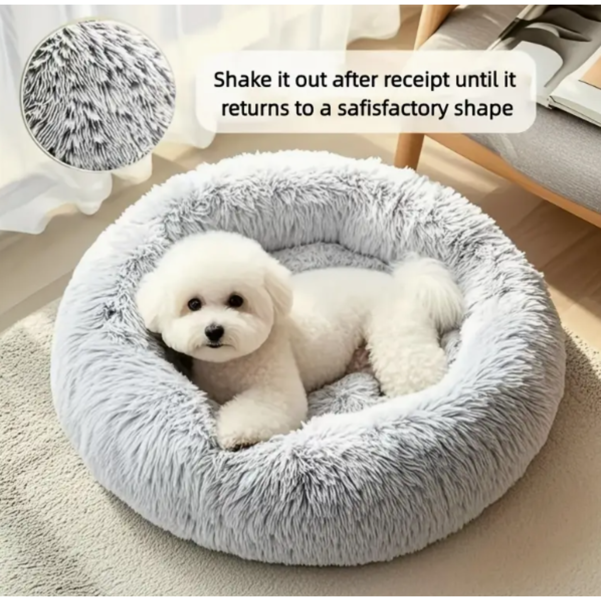 Pet Donut Bed Soft Fluffy Comfy Thick Warm Grey (Size S)[Small Dogs]