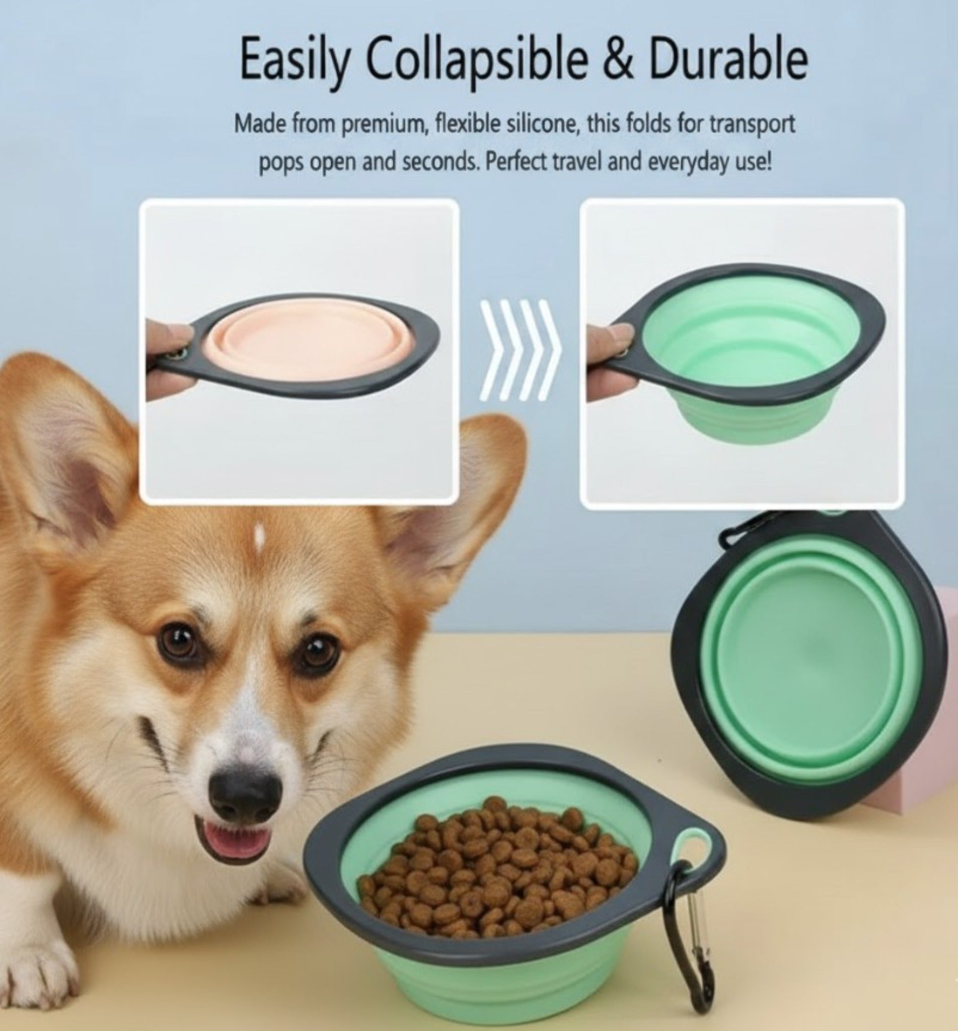 Portable Pet Bowl for Water or Pet Food Collapsable Green