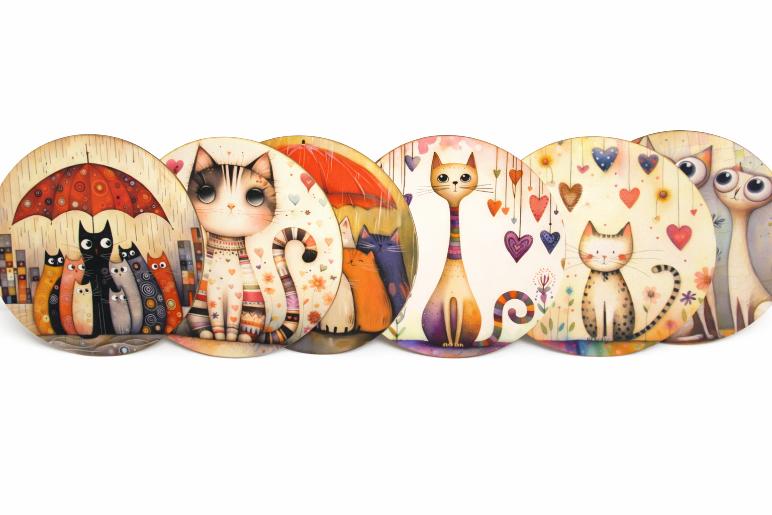 Novelty Coffee/Tea Coasters with Cartoon CATs UNDER UMBRELLA Print Wooden 6 Pieces Set