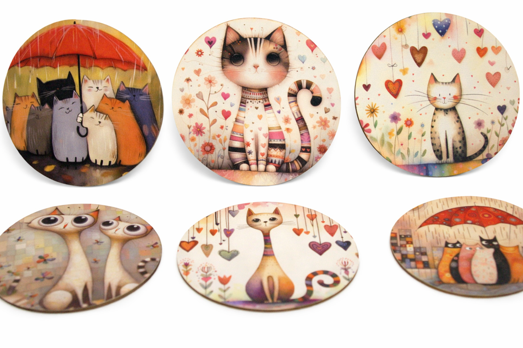 Novelty Coffee/Tea Coasters with Cartoon CATs UNDER UMBRELLA Print Wooden 6 Pieces Set