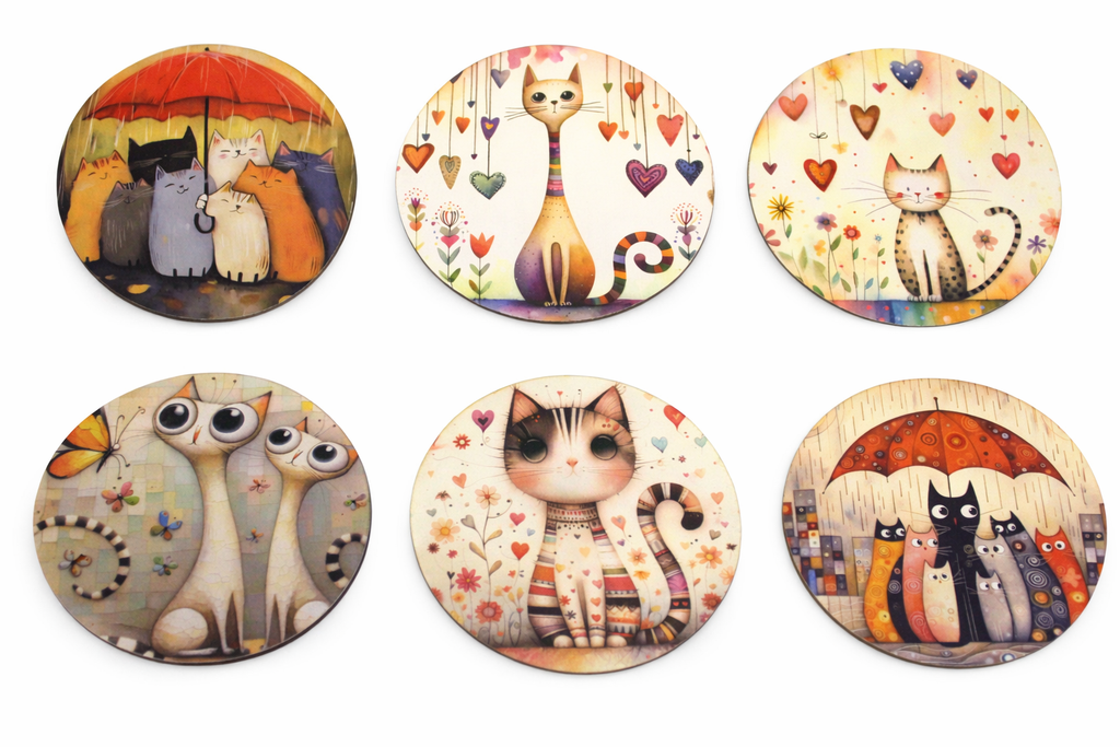 Novelty Coffee/Tea Coasters with Cartoon CATs UNDER UMBRELLA Print Wooden 6 Pieces Set