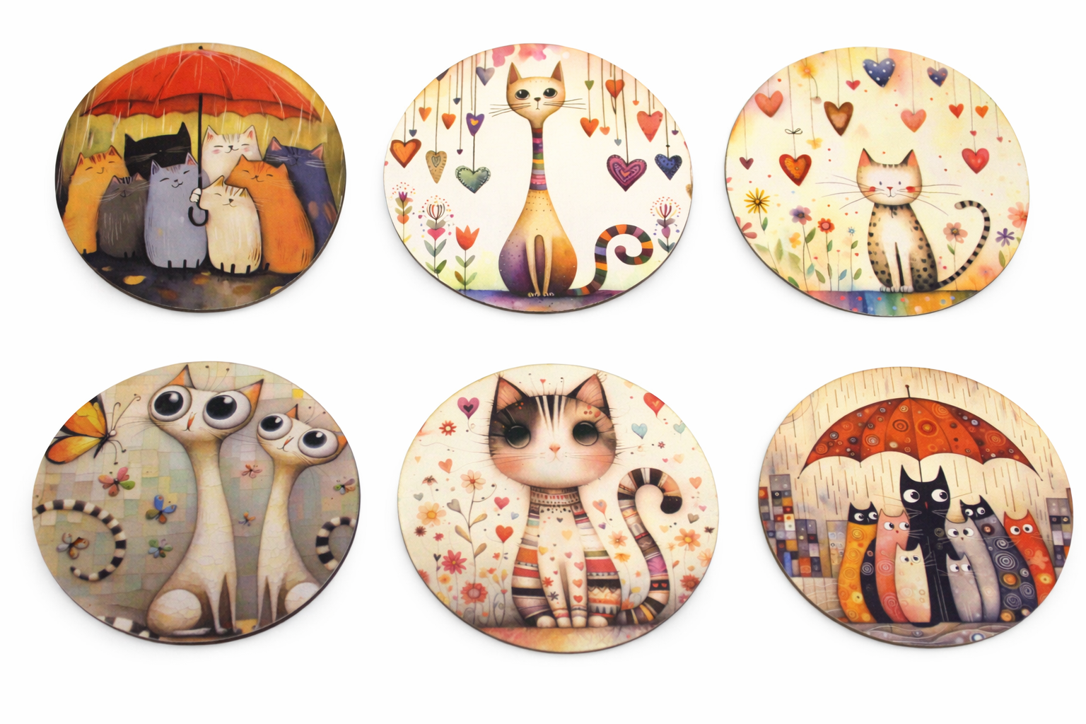 Novelty Coffee/Tea Coasters with Cartoon CATs UNDER UMBRELLA Print Wooden 6 Pieces Set