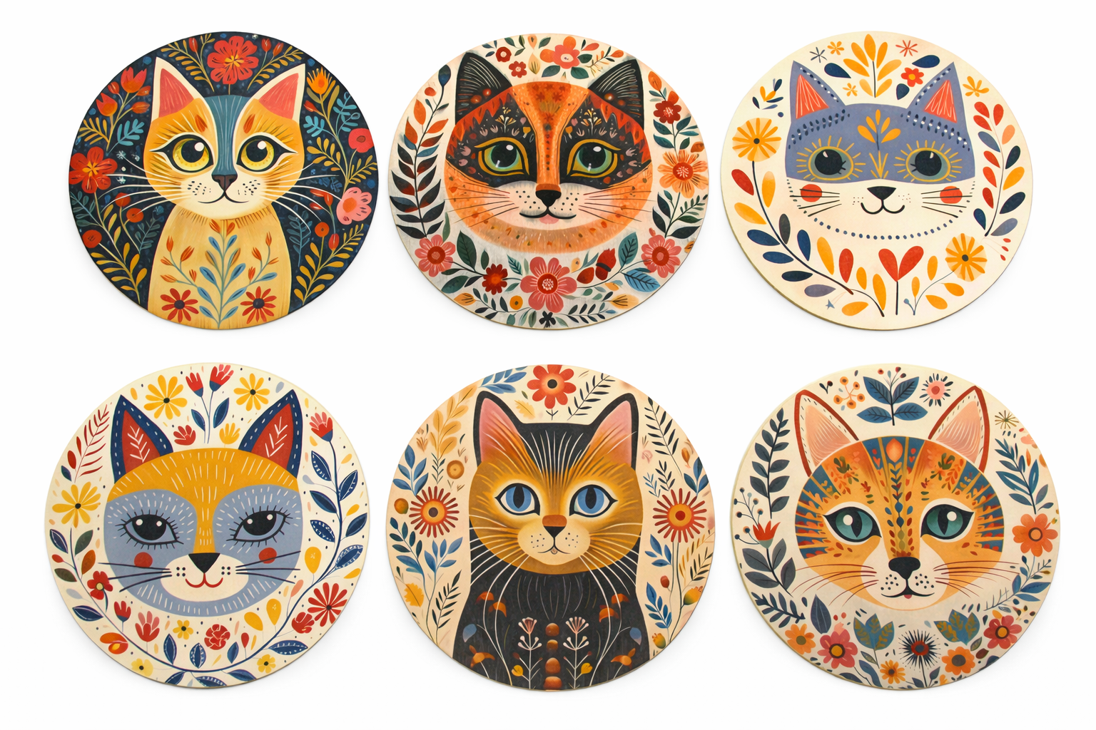 Novelty Coffee/Tea Coasters with Cartoon Spanish CATS Print Wooden 6 Pieces Set